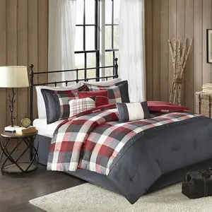 Ridge Comforter Set - Cabin Lodge Plaid Herringbone Design, All Season Down Alternative Cozy Bedding with Matching Bed Skirt, Shams, Decorative Pillow, 7 Piece