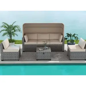 Garvee 6 Pieces Patio Sectional Sofa Set PE Rattan Daybed with Retractable Canopy, Outdoor Wicker Sunbed Chaise Chair Conversation Furniture Sets with Adjustable Backrest for Poolside Backyard, Gray & Beige