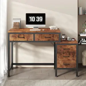 5-Drawer Computer Desk with Printer Stand and File Cabinet, Multifunctional Writing Desk for Home Office, Workstation, Study, Storage Desk with 2 Drawers + 3-Drawer File Cabinet, Retro Industrial Style Work Table for Living Room, Bedroom, Office