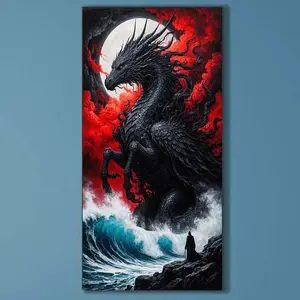 5D DIY Full Drill Round Diamond Painting Kit - Black Dragon, Red Clouds. Mosaic Canvas DIY Wall Art, Home Wall Decor