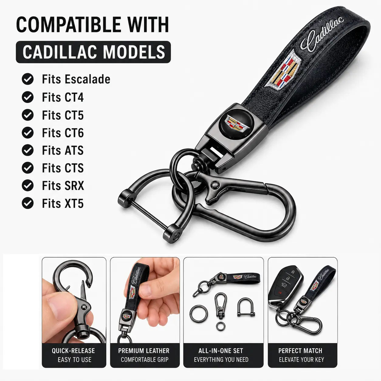 Genuine Leather Car Keychain Set Compatible with Cadillac Escalade CT4 CT5 CT6 ATS CTS SRX XT5, Wristlet Key Fob Holder, Anti-Lost Quick Release Key Ring, Luxury Auto Accessories Gift for Men Women