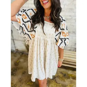 Women's fully printed shirt dress, Bohemian fashion square neck A-line short skirt, suitable for daily vacation wear, all season women's dress