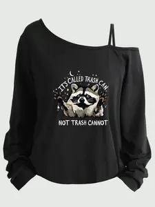 Plus Size Women's Loose-Fit Long Sleeve Cami Top, Asymmetrical Neckline, Letter Print, All Seasons, Sizes 1-8xl