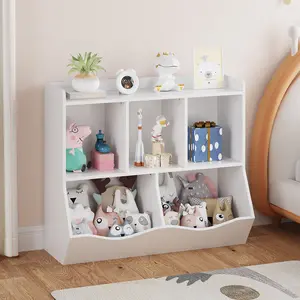 Fathersdaygift Summervibes Flash sale home items 5-Cubby Kids Toy Storage Organizer and Bookshelf - Multi-Shelf Wooden Bookcase Cabinet - Child-Safe, Easy to Clean, Ideal for Playroom, Bedroom, Nursery, Hallway, Rustic Brown & White