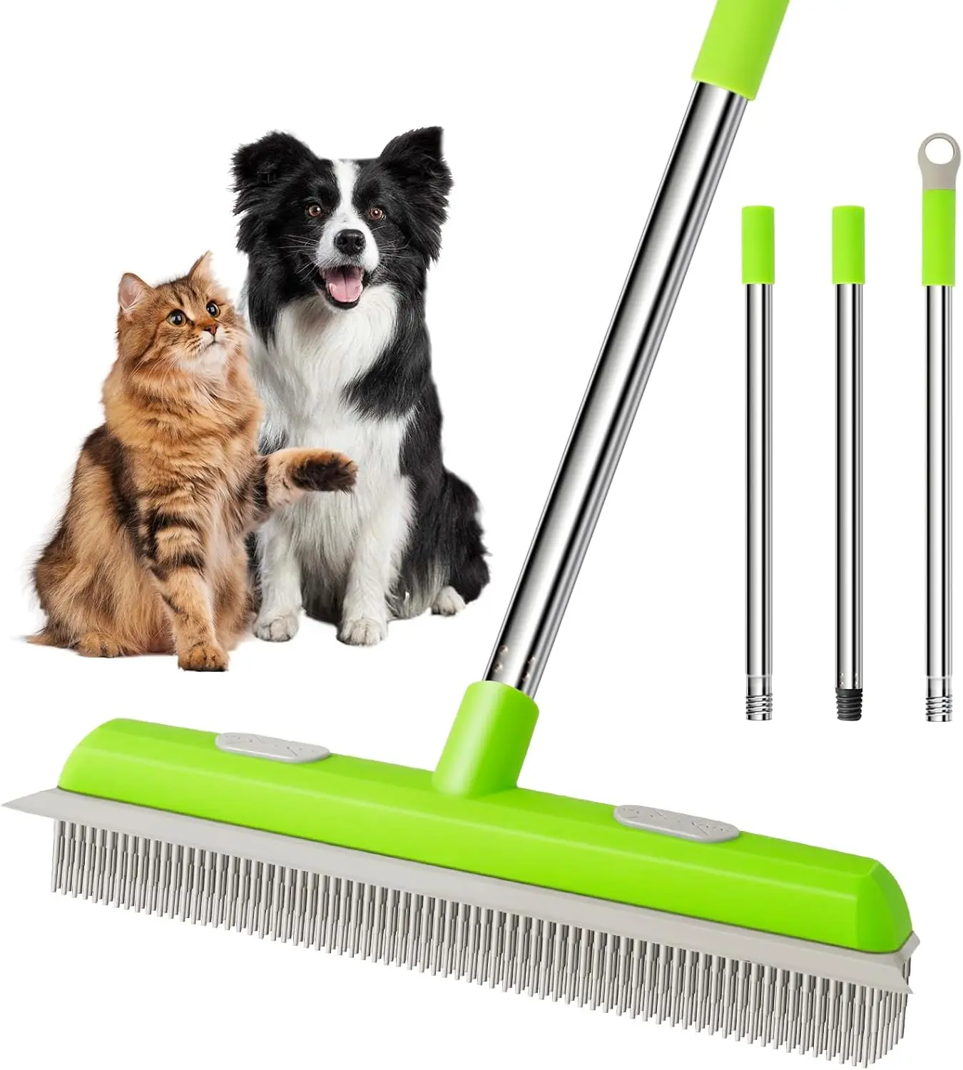 Pet Hair Removal Rubber Broom, Carpet rake with Squeegee for Cleaning Pet Hair,  inch Long Handle Rubber Broom,Dual-Sided for Fluff Carpet, Hardwood Floor, Tile,Green