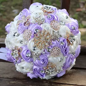 With Rhinestone Accents Satin Elegant Bridal Bouquet - Glamorous Wedding Handheld Rose Flower Arrangement Decor Decorative Fruit Plants