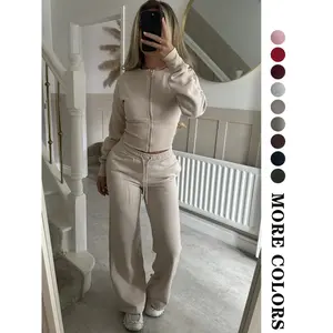 Women’s two-piece spring/autumn new-style lightweight fleece fashion casual outfit — solid-color zip-up long-sleeve pullover with straight-leg pants set, suitable for both home and outdoor use; Women’s Clothing