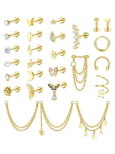 27 Pcs Trendy Golden Hypoallergenic Earring Stacks for Women Men Classic Flat Back Studs Delicate Chain Dangle Pendants Surgical Steel Skin-friendly Performance Dainty Minimalist Style Glamour Subtlety Easy To Layer Different Wearing Styles