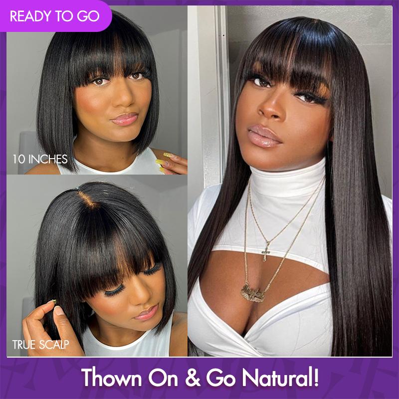 Put On And Go Reddish Purple Layered Cut Yaki Straight Minimalist Lace Bob Wig With Bangs 100% Human Hair