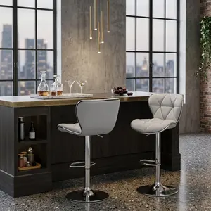 2 Pack Height Adjustable Bar Stools, PU Leather Bar Chairs with Curved Solid Backrest & Footrest, Sturdy Wide Metal Base, Modern Pub Stool for Home Kitchen Dining Room Bar, Light Grey