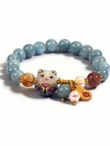 1pc Lucky Cat Natural Aquamarine Beaded Bracelet, Freshwater Pearl & Crystal Stone Stackable Bangle, Elegant Blessing Jewelry for Women Girls, Daily Wear Dating Gift, Viral Trendy Accessory