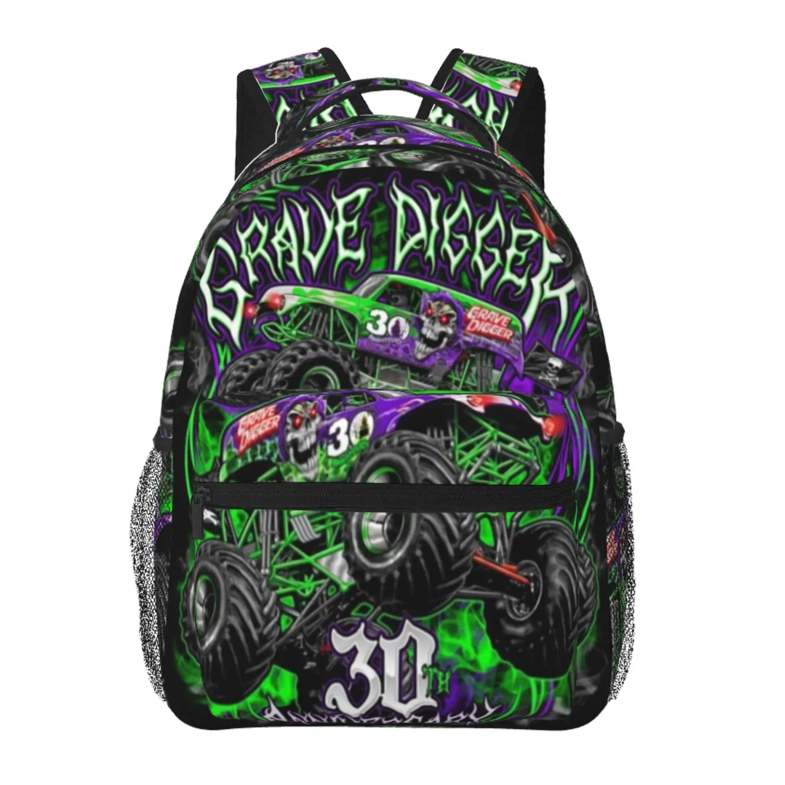 Monster Truck All-Over Print Backpack Large Capacity Monster Truck Everyday Carry Bag for Daily Errands Outdoor Activities Casual Workdays, Cartoon Goth Monster Truck Merch Laptop Daypack School Bag for Men Women Students & Gift Giving