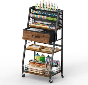 3 Tier Rolling Cart with Drawer, Utility Cart with Lockable Wheels, Multi-Functional Arts and Crafts Organizer Storage for Brushes & Paints & Artifacts, Ideal for Home Office Studio