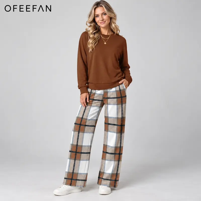 OFEEFAN Two Piece Sets for Women Travel Vacation Outfits Fashion Tracksuit | Women Travel Sweatsuit Wide Leg Pants Long Sleeve 2Pcs Outfit Fashion Clothing