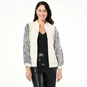 Colleen Lopez Sequin Sleeve Faux Leather Bomber Jacket Colleen Lopez Sequin Sleeve Faux Leather Bomber Jacket