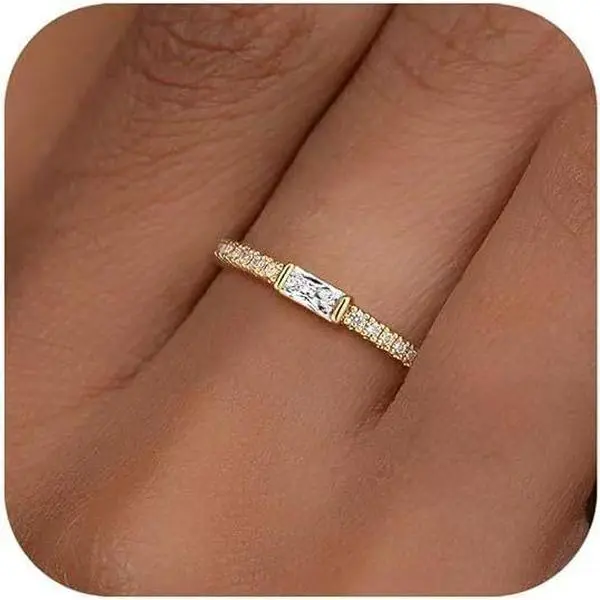 Gilded Grace Dainty Baguette Birthstone Ring, 18K Gold Plated Stackable Emerald Cut CZ Promise Ring for Women, Mothers Day Gift