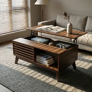 35.4 Inch Walnut Lift Top Coffee Table, Mid Century Modern MDF Coffee Table with Slatted Sliding Door & Hidden Storage Compartment, Height Adjustable Multifunctional Center Table for Living Room Home Office Decor