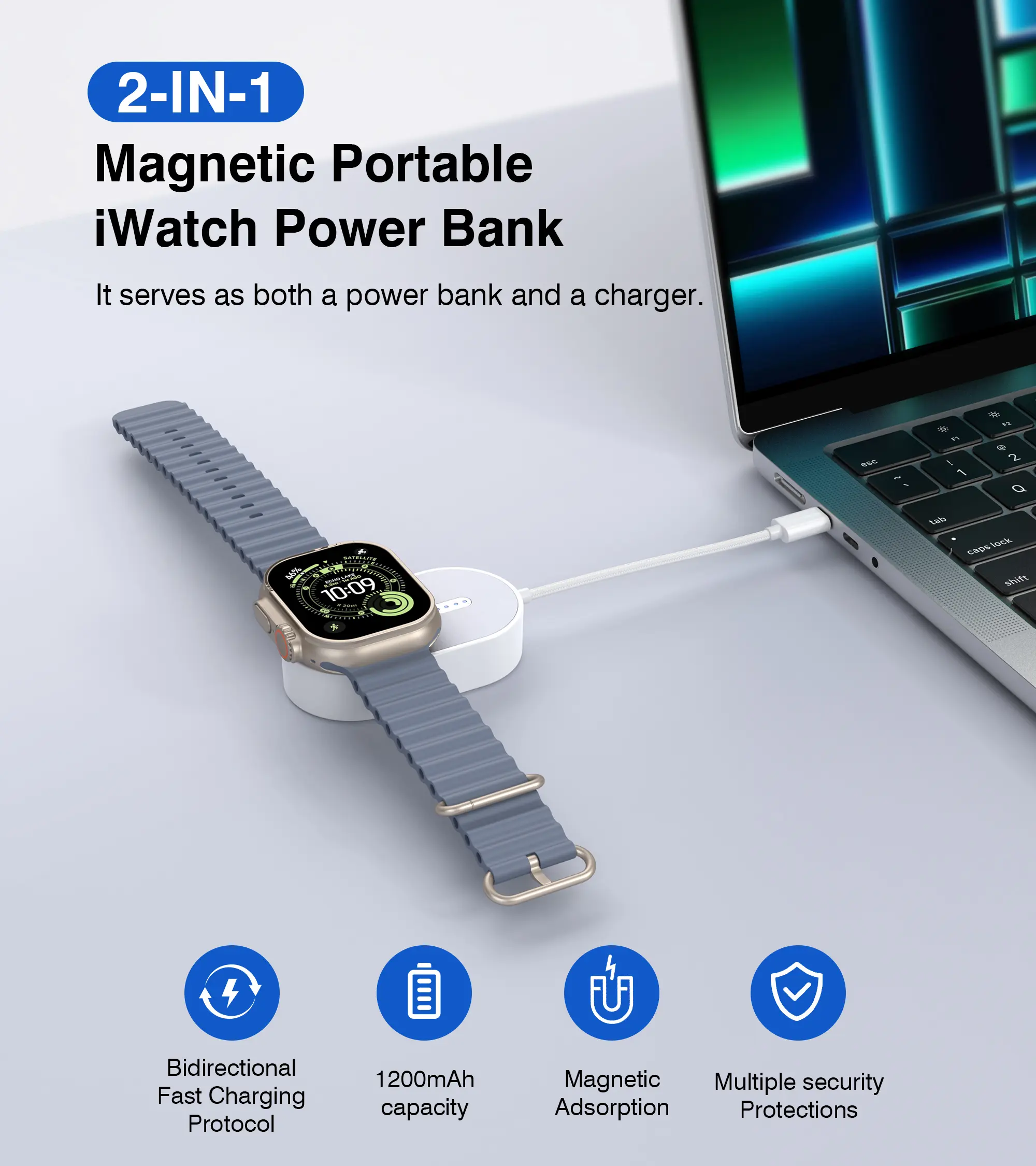 PD20W USB C Charger Block, Fast Charging USB-C Power Bank, Mini Portable Wireless Charging For Watch series, White, 1200mAh