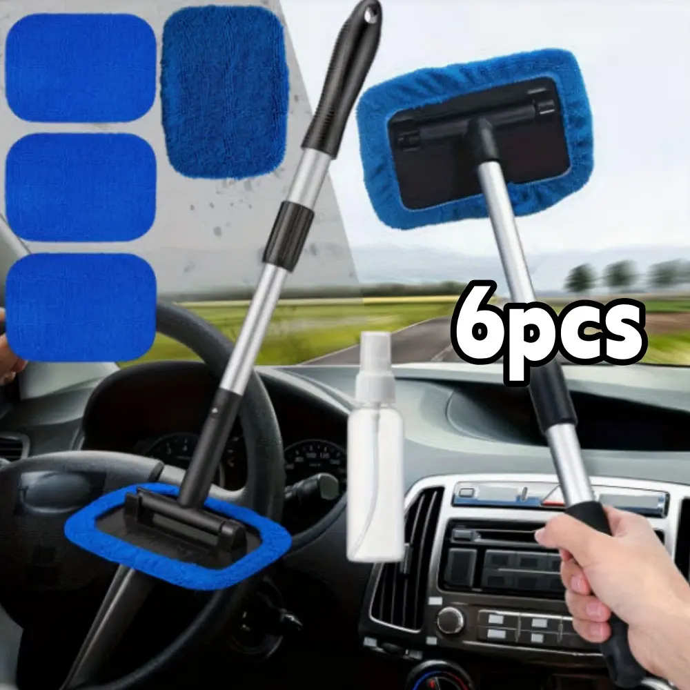 6pcs Car Window Cleaner Brush Microfiber, Car Window Cleaner with 4 Reusable and Washable Microfiber Pads and Extendable Handle Auto Inside Glass Wiper Kit Dual-Use for Defogging and Dust Removal Cleaning Tool tiktokshopspringglowup stuff