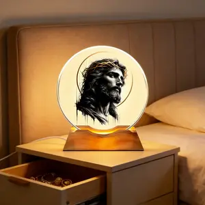 2D Flat Crystal Glass LED Night Light, Multi-Color Touch Changeable, Jesus Religious Pattern, USB Powered, Religious Table Lamp