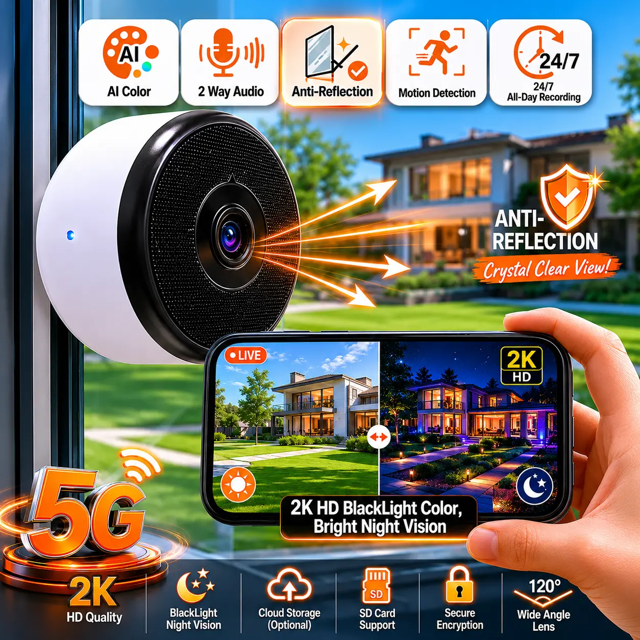 2K No Drill Window Camera-2 Pack 2.4Ghz & 5Ghz WiFi Dome Cameras for Home Security for Indoor & Outdoor Monitoring, Color Night Vision, Human Detection, 24/7 Recording, Ideal for Apartment
