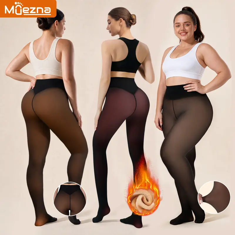 Women's Thick Fleece-Lined Closed-Foot Nylon Tights - Stretchy Plain Fake Translucent Sheer Thermal Warm Winter Leggings, 5 Skin Tone Shades, Plus Size M-XL, Nude Illusion Fits Sweaters/Skirts/Dresses, Christmas, Hand Wash, Original Design
