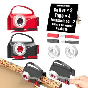 Wrapping Paper Cutter(2-Pack) & Tape Dispenser Dual Use with 4 Tapes，2 Replace Blades Kit for Christmas Gift Wrap Cutter Tool Paper Roll Holder Tube Sliding Slicing for Birthday Holiday.