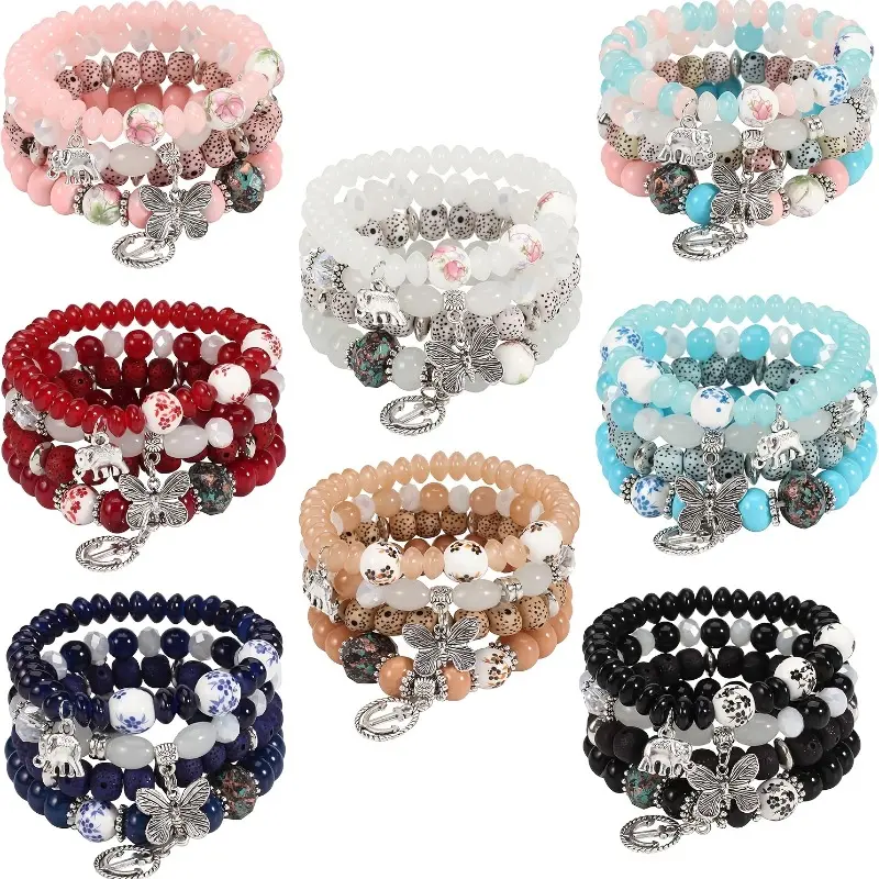Bohemian Bracelets Set for Women, 32-Piece Multicolor Stackable & Stretch Beaded Charm Bracelets with Elephant & Butterfly Pendants, Summer Beach Jewelry, Bangles Bracelets Set