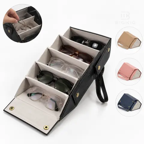 Unisex Stylish Geometric Plain Leather Pentagonal 5-Slot Portable Sunglasses Organizer - Foldable Hanging Display, Dust-Free Lens-Protective, Eyeglasses Holder for Daily, Beach Use, Stylish Accessories
