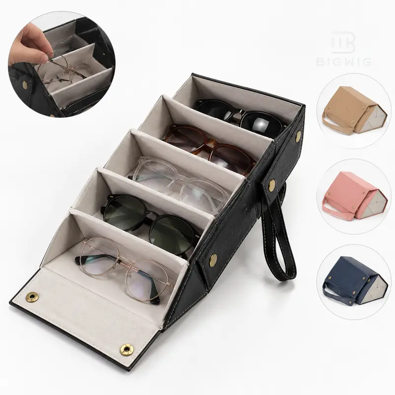 Unisex Stylish Geometric Plain Leather Pentagonal 5-Slot Portable Sunglasses Organizer - Foldable Hanging Display, Dust-Free Lens-Protective, Eyeglasses Holder for Daily, Beach Use, Stylish Accessories