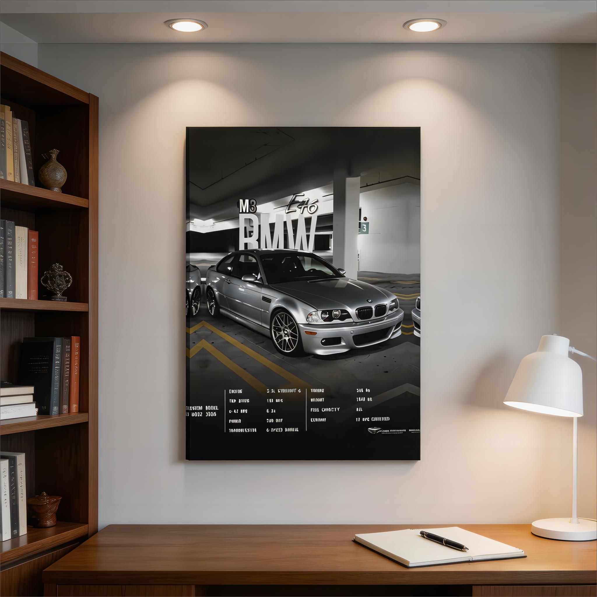 BMW E46 M3 High Performance Car Poster, Modern Canvas Wall Art Decor, Ideal Gift for Car Enthusiasts, Suitable for Living Room, Bedroom, Study, Gaming Room