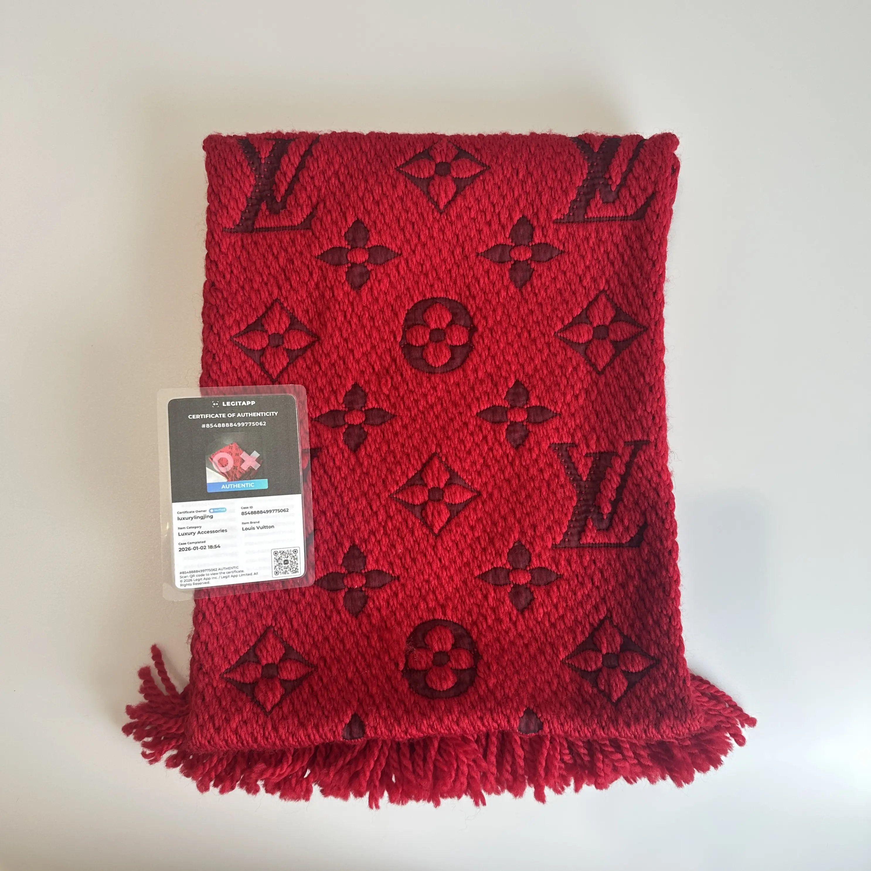 Pre-owned Louis Vuitton Logomania Scarf in Red Wool with Monogram Intarsia & Fringe Trim 52131867