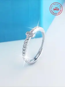 S925 Sterling Silver Fashionable T-shaped Adjustable Ring with Box, Artificial Zircon Decor Engagement Ring, Fashion Jewelry Accessories for Women & Girls As Gift