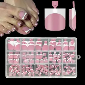 150pcs French Toe Nail Stickers, Pre-Designed Square Soft Gel Wide Toe Nail Extensions, Berry Acrylic DIY Manicure Kit, 15 Sizes Included