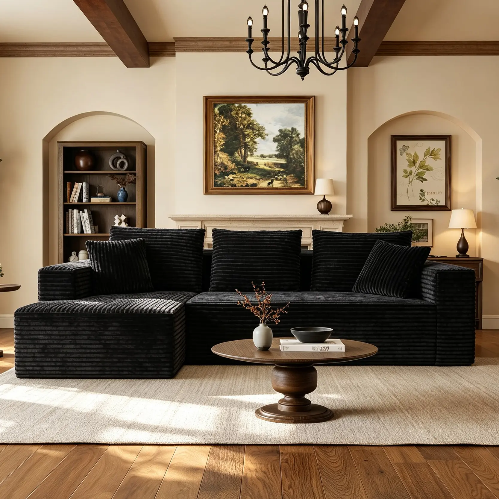 106in Black Left Chaise Modular L-Shape Boneless Sleeper Sofa - Plush Corduroy Furniture, Comfy Coil Spring Deep Seat, Armrest, No Assembly, Space-Saving Compression Convertible for Living Room