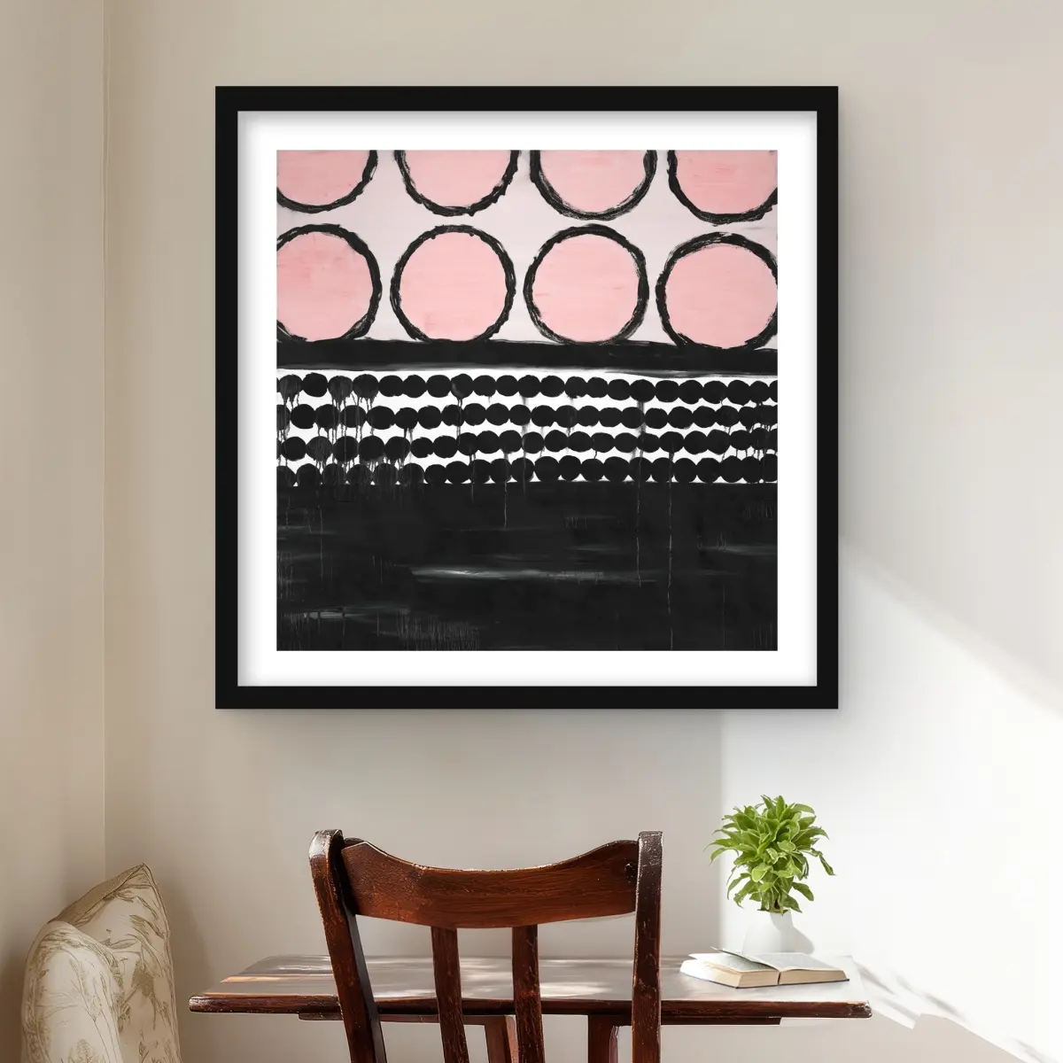 212 MAIN 24x24 in Framed Matted Blush Pink Circle Cluster Abstract Pattern Print Wall Artwork - Minimalist Modern Home Decor Decoration, Ideal Gift for Art Enthusiasts