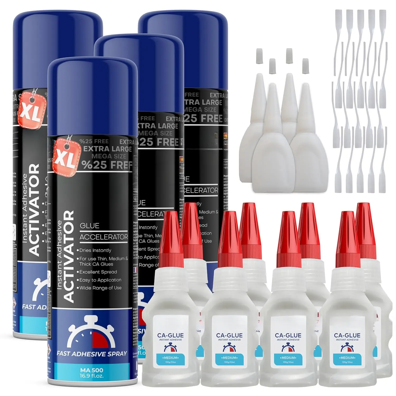 CA Glue with Activator (8 x 3.5 oz + 4 x 16.9 fl oz), Cyanoacrylate Glue and Activator, Super Glue with Activator, CAGlue and Accelerator, Medium (4 Pack)
