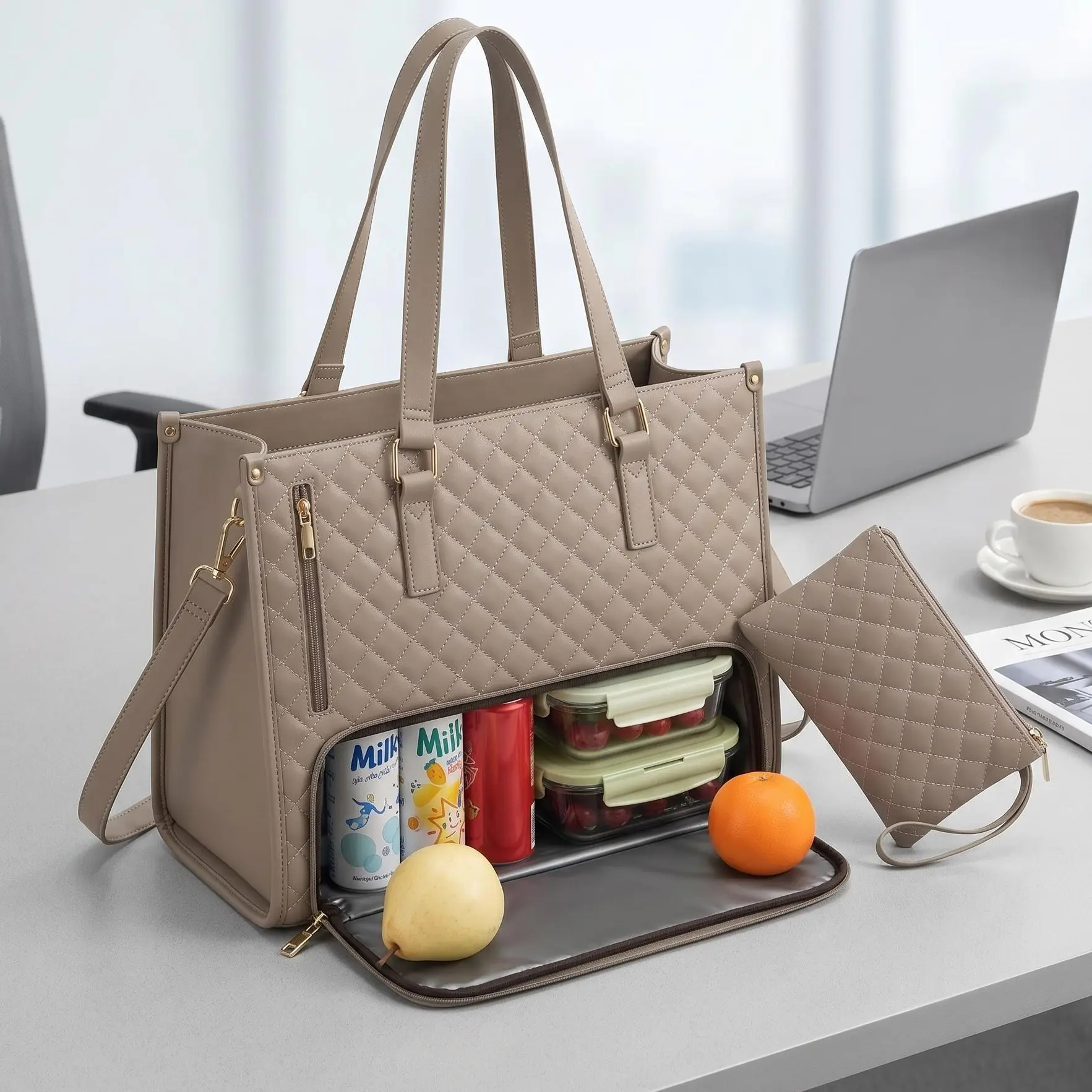 Women's Premium Quilted Leather 2-in-1 Laptop Tote with Insulated Lunch Compartment, Matching Pouch, Shoulder Strap - Work Bags for Women, Professional Office Commuter Carryall