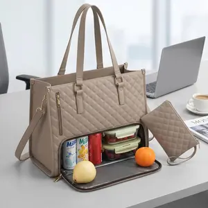 2-in-1 All-in-One Laptop Tote Bag with Insulated Lunch Compartment – Premium Quilted Leather Work Bag for Women – Professional Office Commuter Bag with Matching Pouch & Shoulder Strap