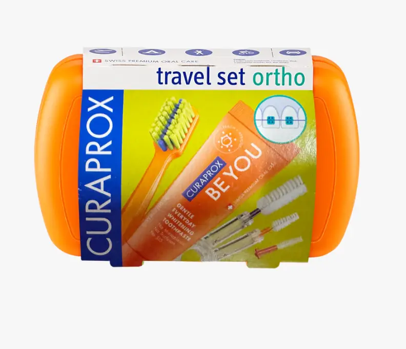 CURAPROX Ortho Travel Set Orange Oral Care with Toothbrush and Toothpaste for Daily Use