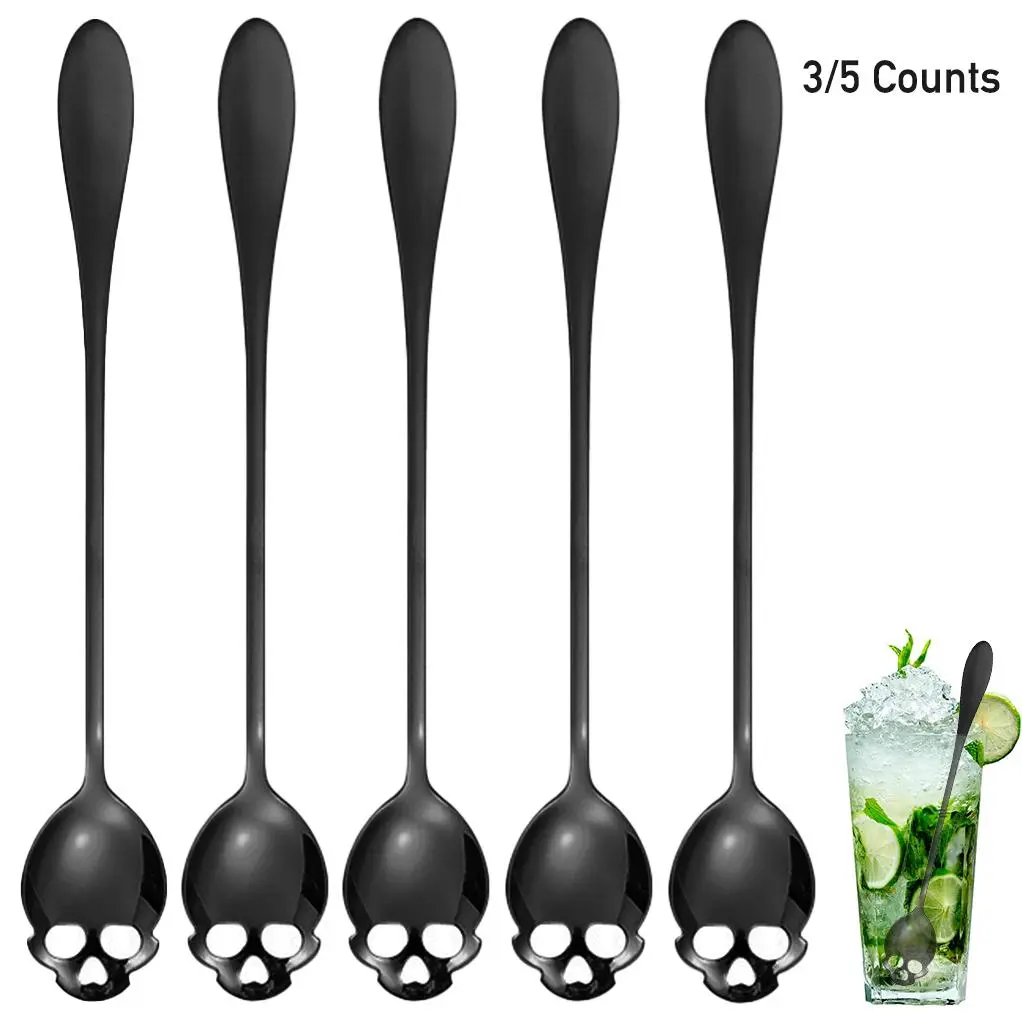 Skull Shaped Gothic Halloween Ice Tea Spoon, 3/5 Counts Stainless Steel Coffee Stirring Spoon, Kitchen Accessories Tableware for Home Cafe Bar, Party Supplies, Utensils, Spoons Stainless Steel