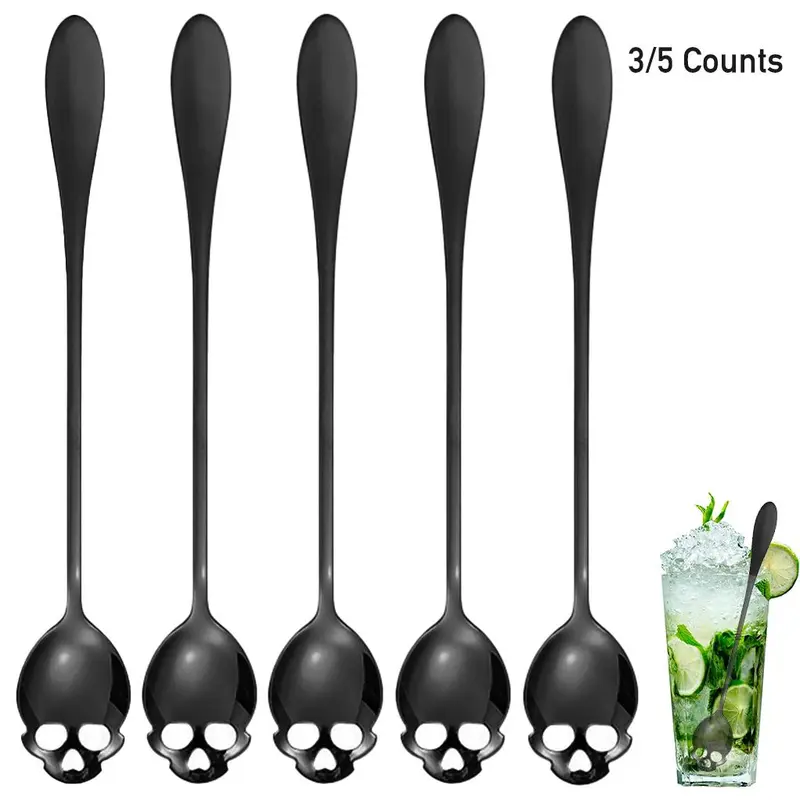 Skull Shaped Gothic Halloween Ice Tea Spoon, 3/5 Counts Stainless Steel Coffee Stirring Spoon, Kitchen Accessories Tableware for Home Cafe Bar, Party Supplies, Utensils, Spoons Stainless Steel
