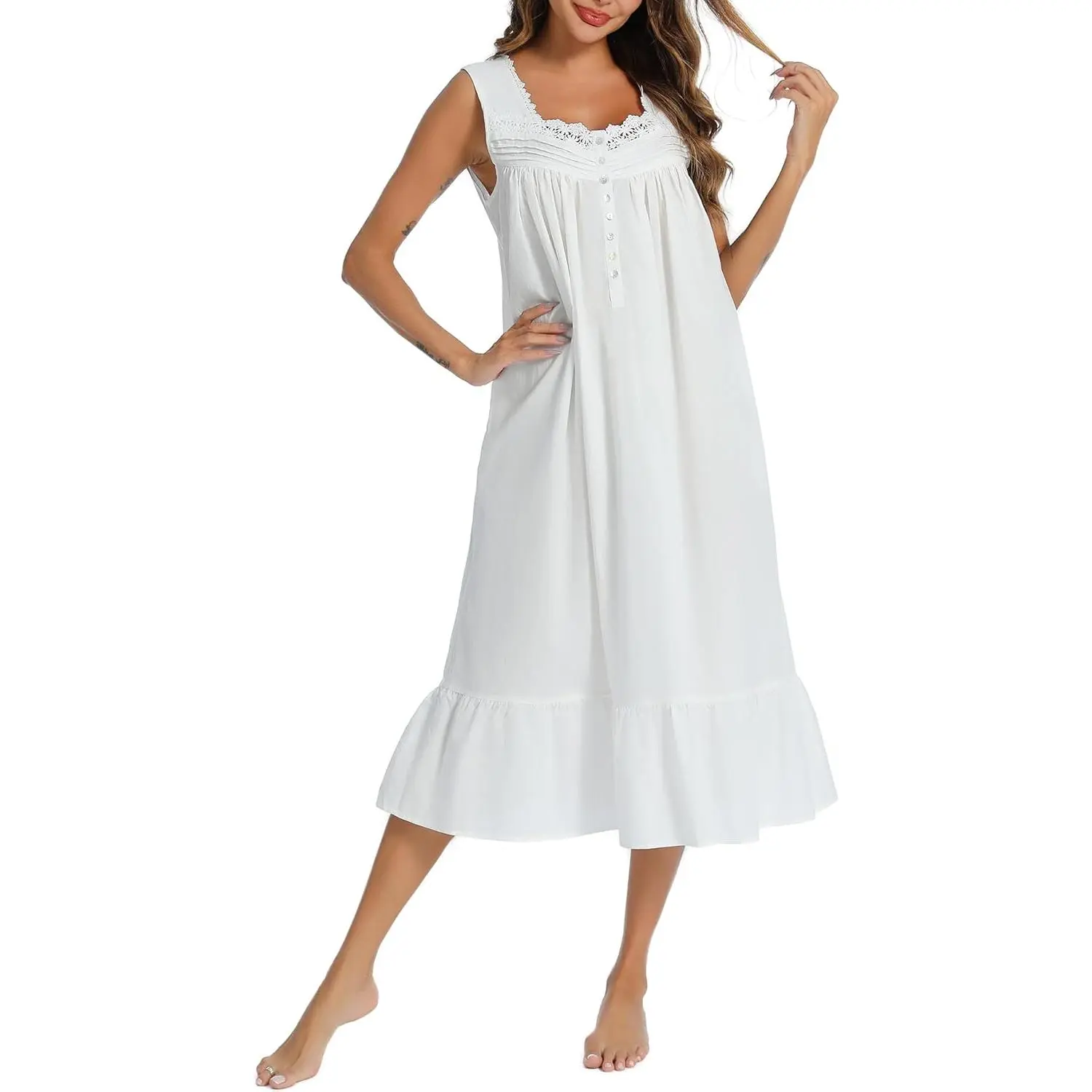 Lady's 100% Cotton Soft Stretch Sleeveless Lace Trim Night Gown - Knee-Length Braless Sleepwear with Easy-Remove Button Placket, Pockets, Pleated Back, Multi-Size Indoor Loungewear, Lace Trim Nightdress, 100% Cotton Nightdresses, Basic