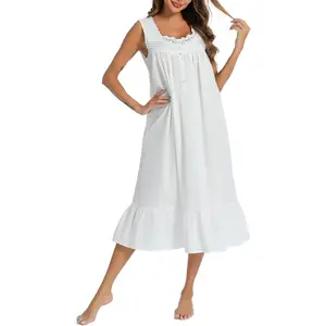 100% Cotton Nightgowns for Women Sleeveless Sleep Dress Ladies Gowns Sleepwear with Pockets Womenswear Loungewear night gown women Basic Blue Lace Trim Nightdress