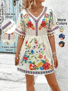 Summer Floral Print Fringe Sleeve Dress, Ethnic Vintage Bohemian V Neck Short Sleeve Waist Cinching Style, Casual Vacation Wear, Womenswear
