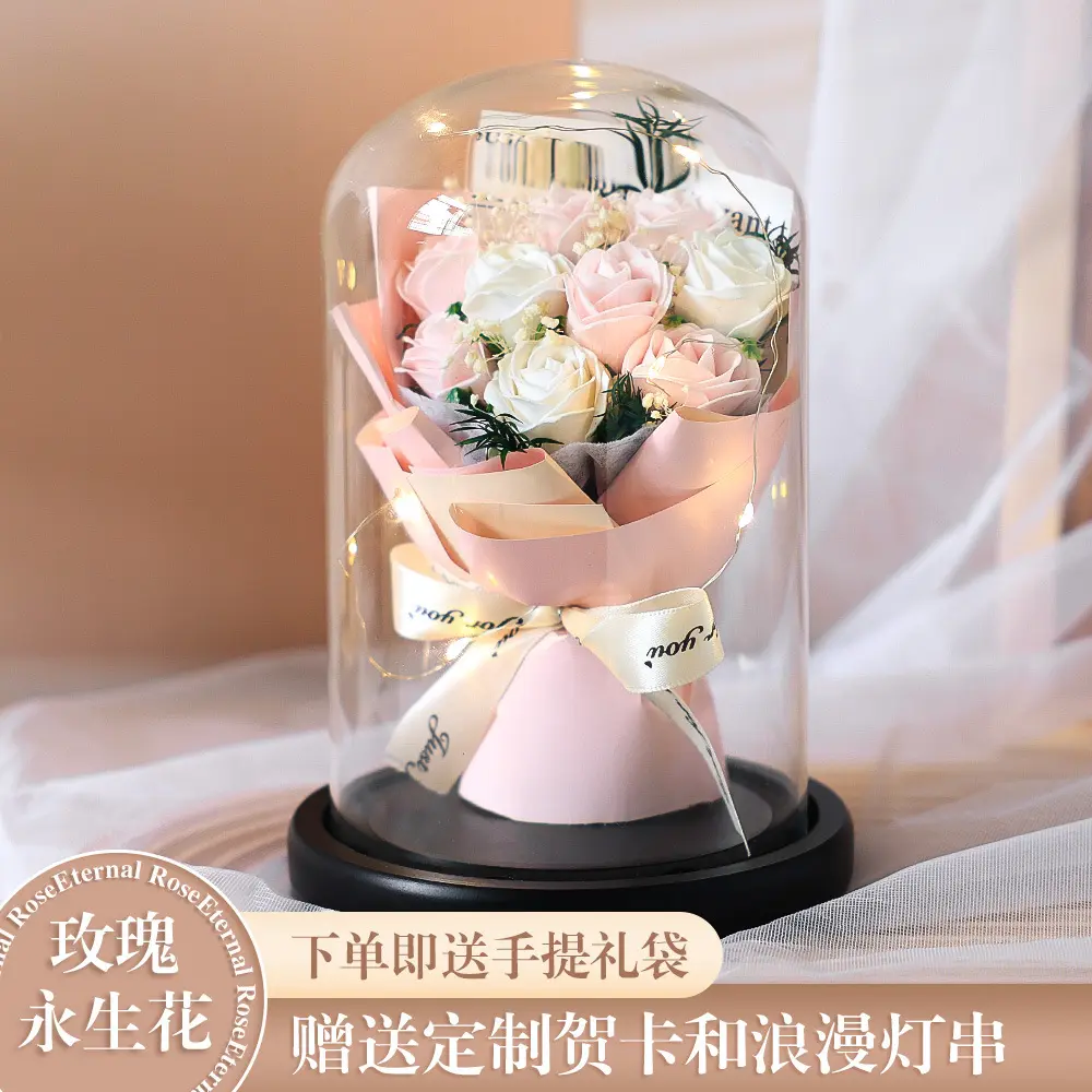 Preserved Rose Glass Dome, Pink & White Rose Mix, LED Light, Gift Bag & Card Included