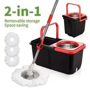 Efficient Spin Mop Bucket Set with 4 Microfiber Mop Heads, 360° Rotation System, Stainless Steel Long Handle for Deep Floor Cleaning