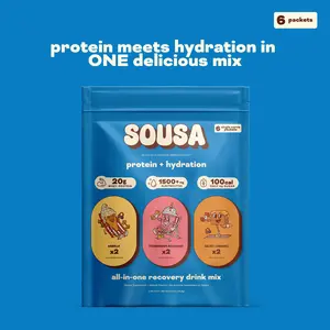 Sousa, Variety Starter Pack Protein + Hydration Mix, 20g Whey Protein + 1500mg Electrolytes, 6 Packets, Fitness & Recovery Support, Muscle Recovery & Hydration Formula