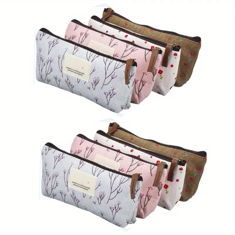 Set of 8 Mini Makeup Bag, Linen Floral Pouch for Purse Small Cosmetic Bag with Zipper Portable Toiletry Organizer Cute Coin Purse Storage Pouch Bag Fabric Cosmetic Pouch for Girl Women