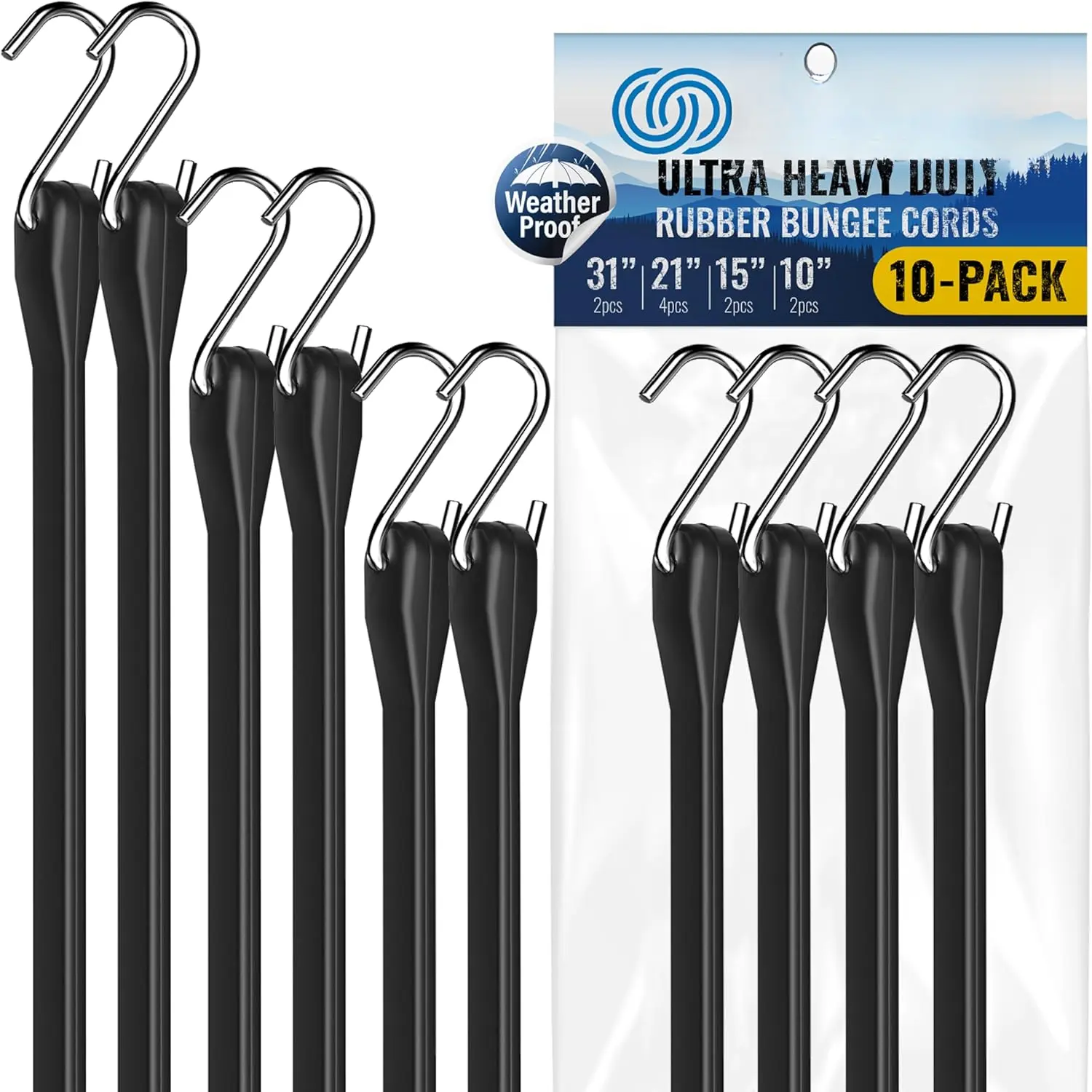 Rubber Bungee Cords with Hooks - Heavy Duty Max Stretch 1.8X & Over 180 LBS Load,  EPDM Bungee Straps, 10", 15", 21", 31" (10 Pack) for Cargo,  & Outdoor  Weather Use
